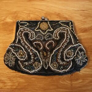 Vintage 90s Y2K Fashion Express Beaded Kiss Lock Clutch Womens Black Evening